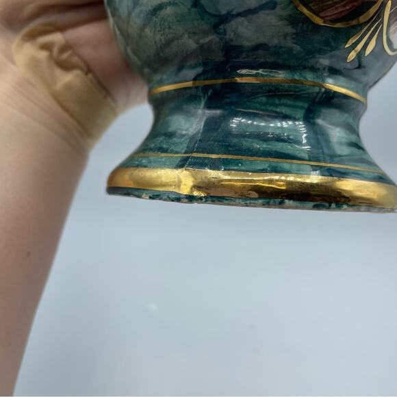 Vintage Hand Painted Peacock Ornate Vase Decor Green Teal Gold Porcelain - Picture 9 of 16